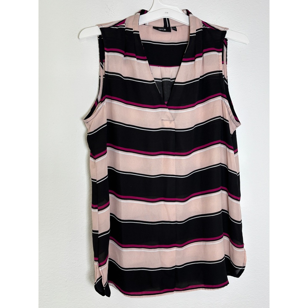 Apt 9 Womens Large Sleeveless V-Neck Blouse Black Pink Striped Pleated Back Top